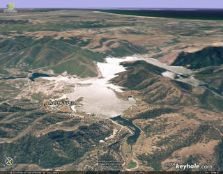 Aerial view from the end of the lake showing Pacific Ocean beyond