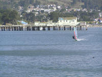 One guy was windsurfing on the smooth water.